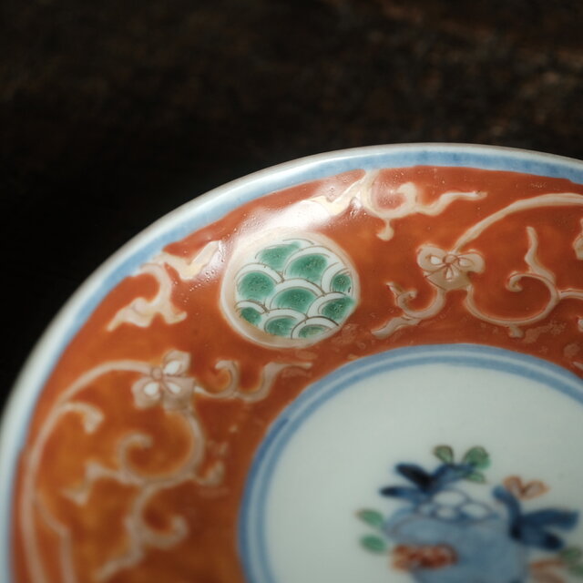 赤で素敵◇伊万里 柘榴文錦手金彩小皿 青海波 骨董/antiques 古美術