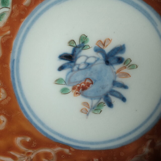 赤で素敵◇伊万里 柘榴文錦手金彩小皿 青海波 骨董/antiques 古美術