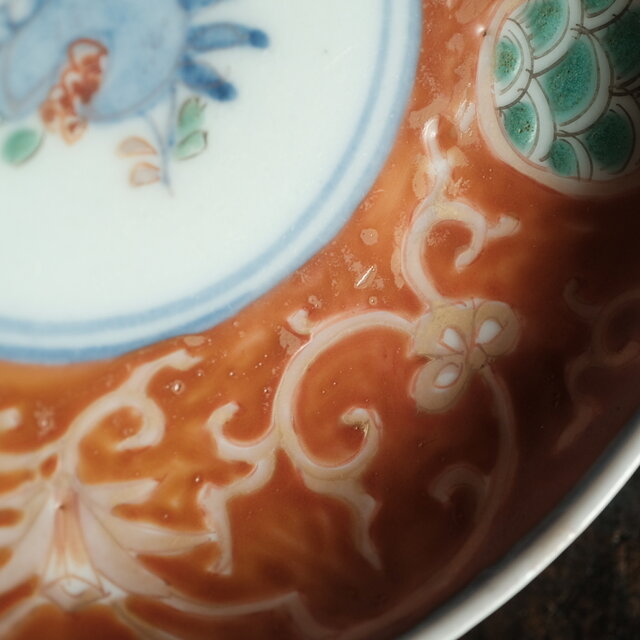 赤で素敵◇伊万里 柘榴文錦手金彩小皿 青海波 骨董/antiques 古美術