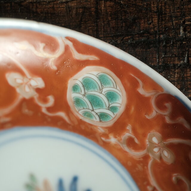赤で素敵◇伊万里 柘榴文錦手金彩小皿 青海波 骨董/antiques 古美術