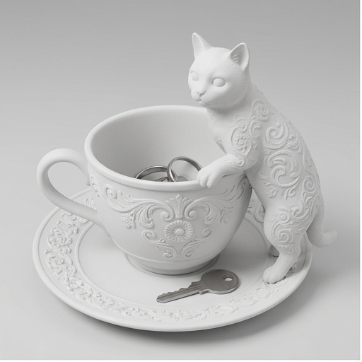 猫（マンチカン）のアクセサリートレイ 小物入れ マットホワイト