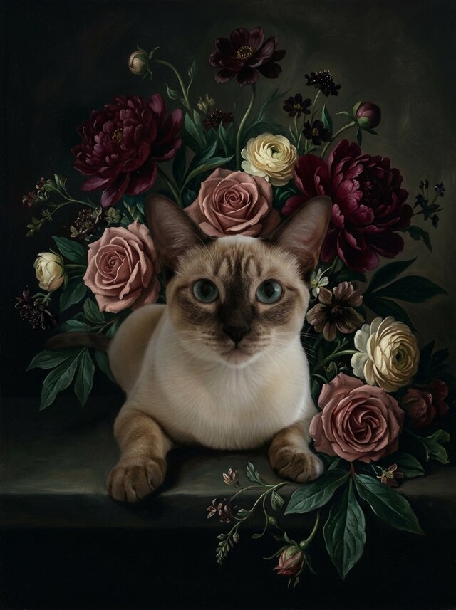 猫（シャム猫）の花に囲まれた油絵風アート A3額装インテリア壁掛け
