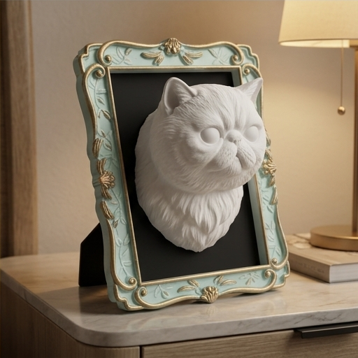 エキゾチックショートヘアの壁掛けレリーフ 3Dプリント 白PLA