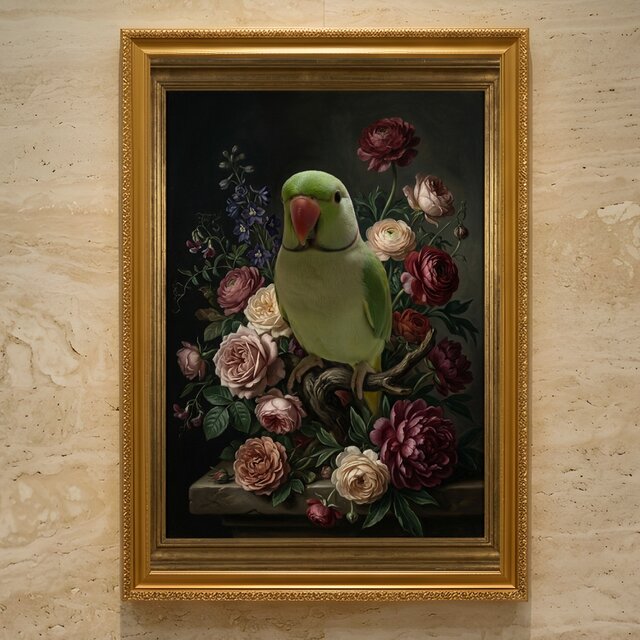 インコ（インドオオハナインコ）の花の油絵風アート A3額装インテリア