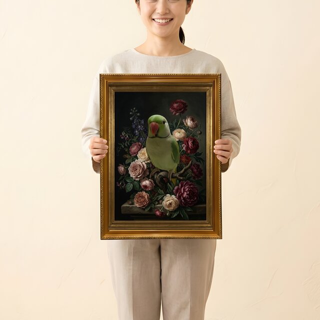 インコ（インドオオハナインコ）の花の油絵風アート A3額装インテリア