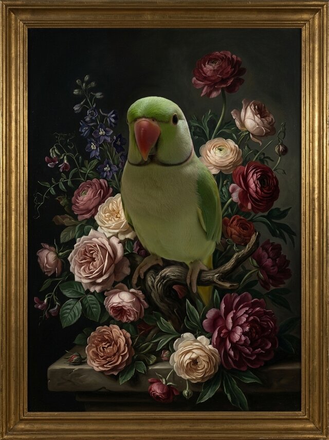 インコ（インドオオハナインコ）の花の油絵風アート A3額装インテリア