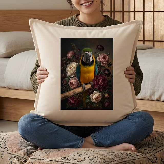 インコ（ルリコンゴウインコ）クッション 45cm 花の油絵風カラーアート