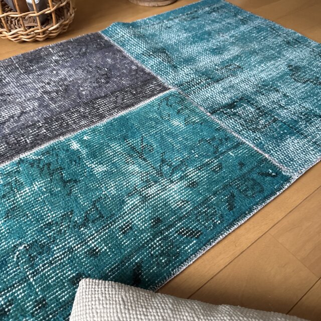 55×103 ターコイズブルー×グレイ パッチワーク トルコヴィンテージラグ