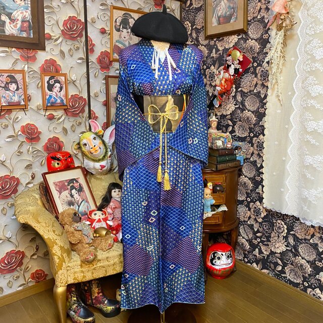 着物リメイク ロング ワンピース ／ドレス／洗える化繊 帯 深みのある