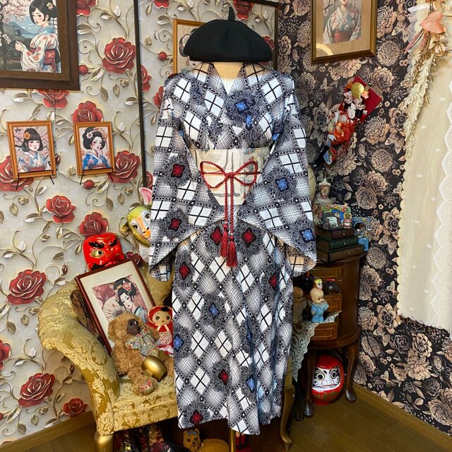 浴衣リメイク セミロング ワンピース ドレス 帯 和洋折衷 モノトーンの