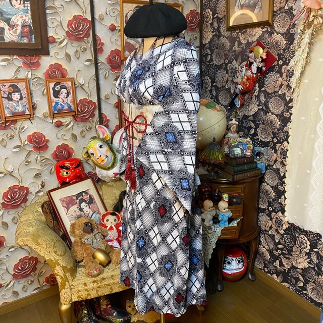 浴衣リメイク セミロング ワンピース ドレス 帯 和洋折衷 モノトーンの