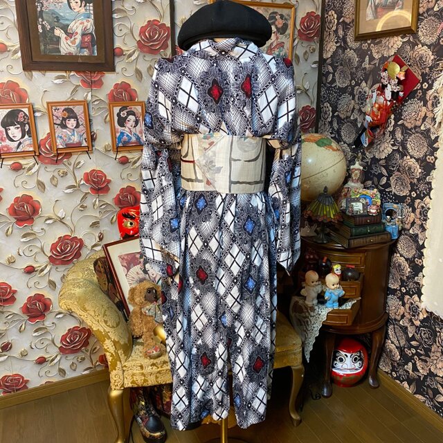 浴衣リメイク セミロング ワンピース ドレス 帯 和洋折衷 モノトーンの