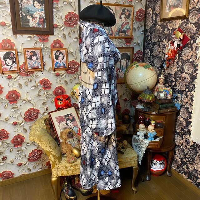 浴衣リメイク セミロング ワンピース ドレス 帯 和洋折衷 モノトーンの