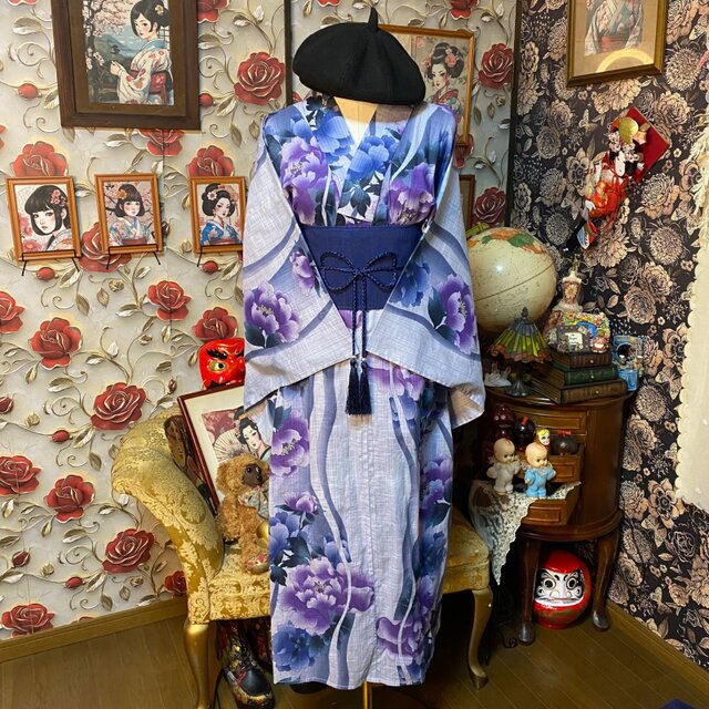 浴衣リメイク ロング ワンピース ドレス 帯 和洋折衷 紫から青へと