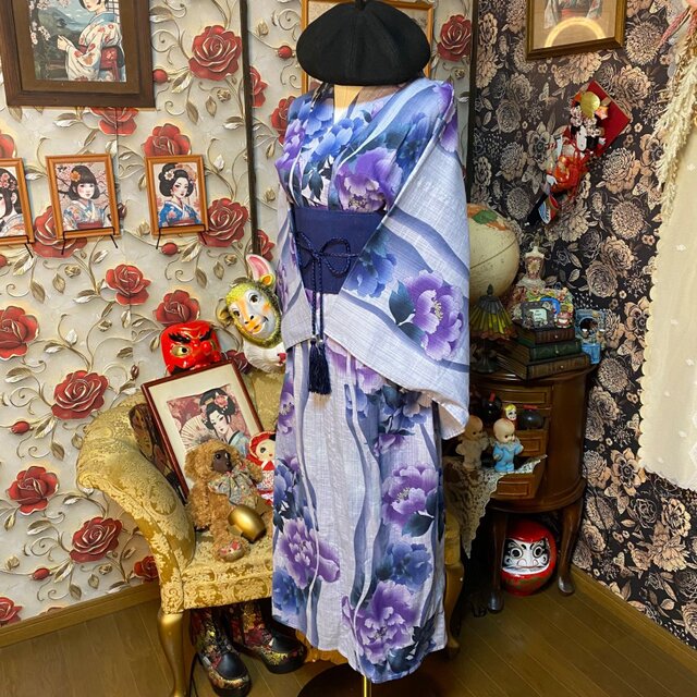 浴衣リメイク ロング ワンピース ドレス 帯 和洋折衷 紫から青へと