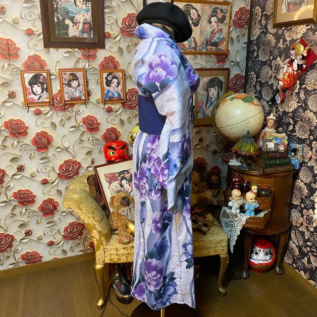 浴衣リメイク ロング ワンピース ドレス 帯 和洋折衷 紫から青へと