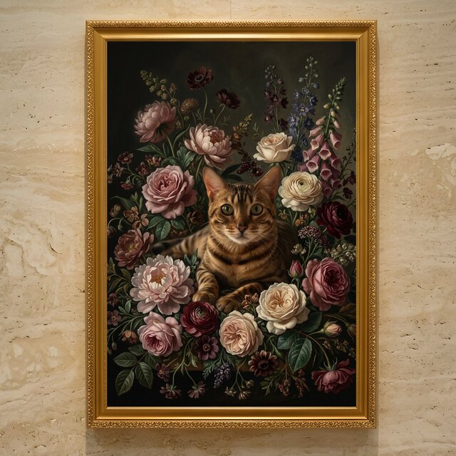 猫（ベンガル）の花に囲まれた油絵風アート A3額装インテリア壁掛け