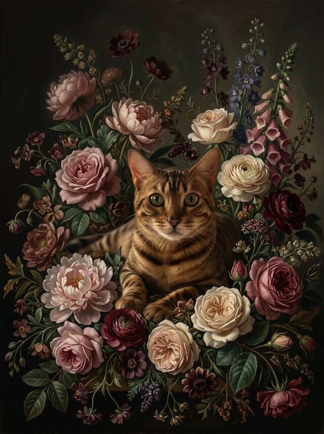 猫（ベンガル）の花に囲まれた油絵風アート A3額装インテリア壁掛け