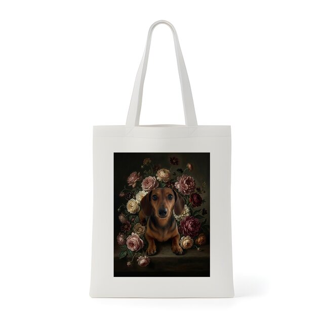 犬（ミニチュアダックスフンド）トートバッグ 花の油絵風アート