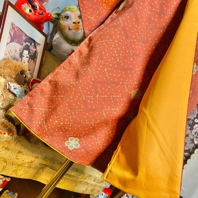 着物リメイク ミニミディワンピース ／ドレス／洗える化繊 帯サッシュ
