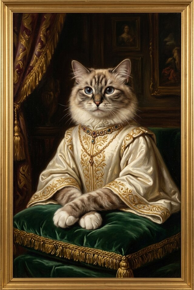 独創的ねこ絵画 『ネ コ ソ 』個性派 お部屋のインテリアに 猫（ラグドール）のルネサンス風肖像画 油絵風アートA3額装インテリア
