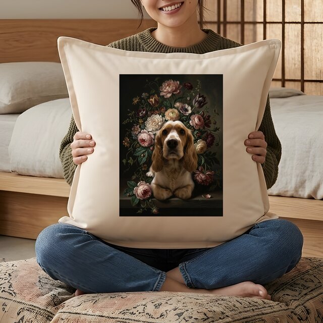 犬（コッカースパニエル）クッション 45cm 花の油絵風カラーアート