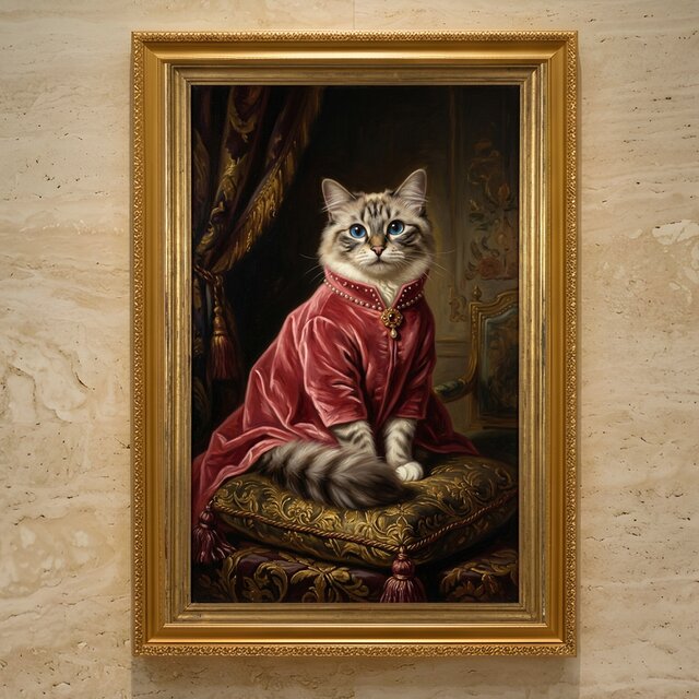 猫（ラグドール）のルネサンス風肖像画 油絵風アートA3額装インテリア