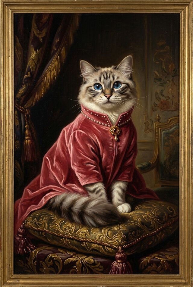 猫（ラグドール）のルネサンス風肖像画 油絵風アートA3額装インテリア