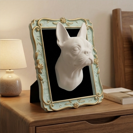 犬（ボストンテリア）の壁掛けレリーフ 3Dプリント 白PLA インテリア