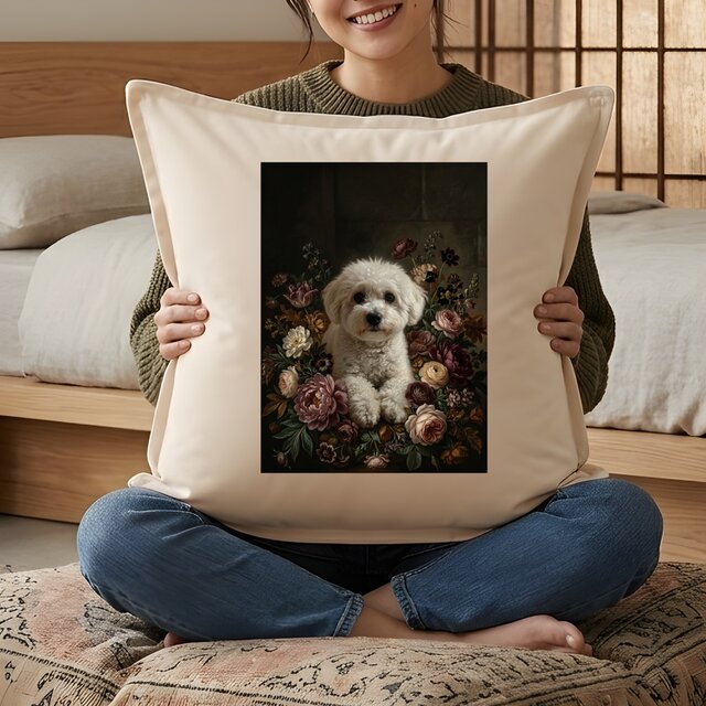 犬（ビションフリーゼ）クッション 45cm 花の油絵風カラーアート