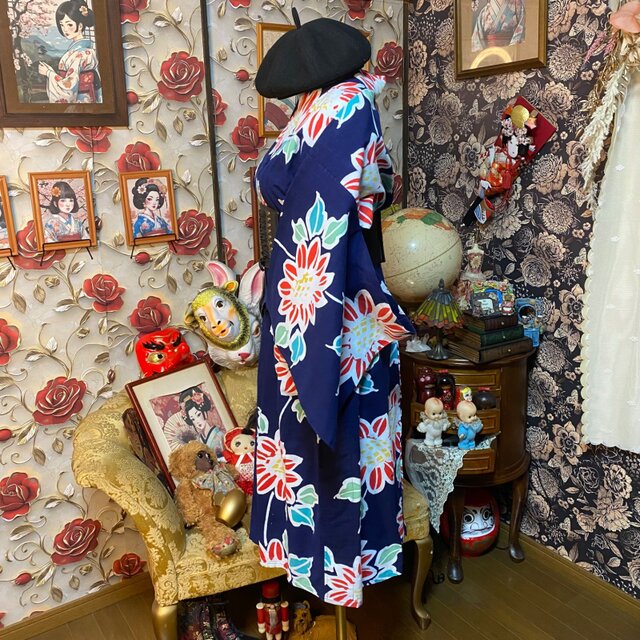 藍染浴衣リメイク ワンピース ドレス 和洋折衷 レトロ 古着