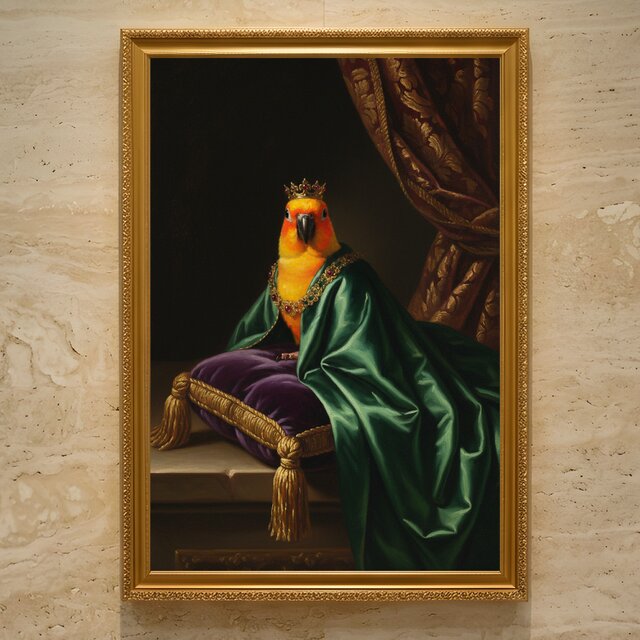 インテリア絵画:メキシコのアーティストVENA2(ベナードス)作品 インコ（ナナイロメキシコインコ）のルネサンス風肖像画 A3額装