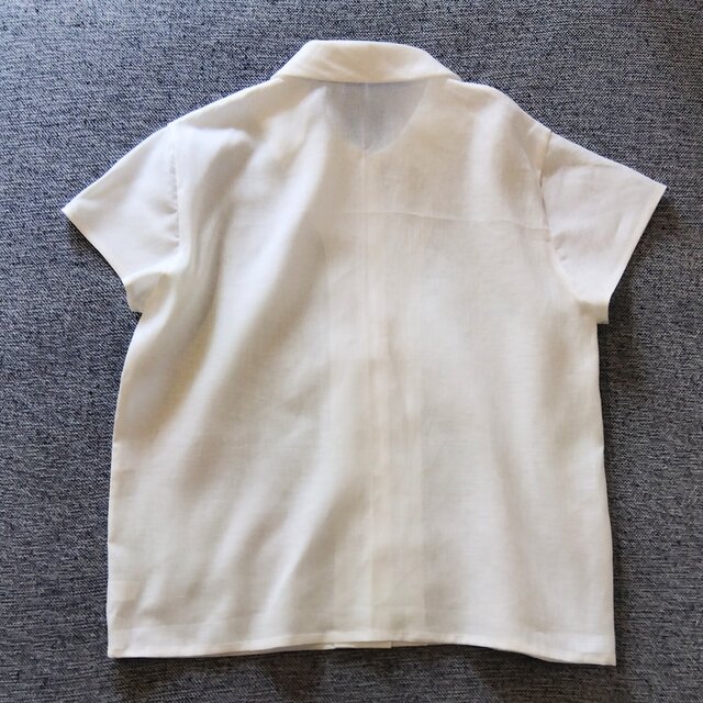 ハンドメイド☆[M]コットンリネン立ち衿切り替えフレンチスリーブ 