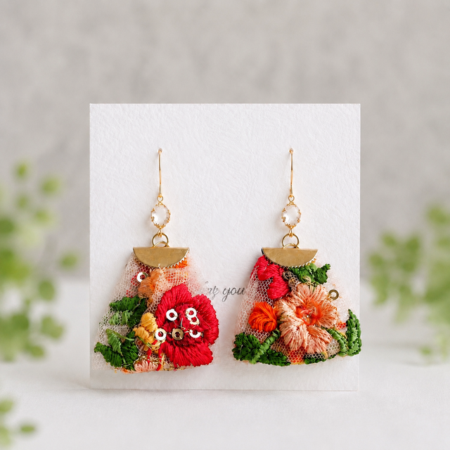 インド刺繍リボンのフラワーピアス アレルギー対応 | iichi 日々の