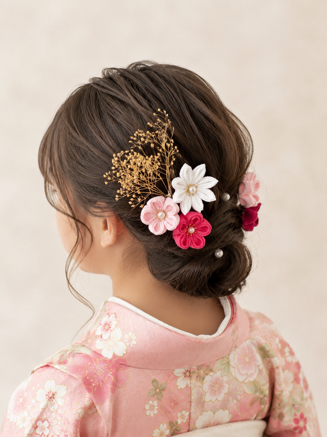 つまみ細工　髪飾り　✴︎雅✴︎ホワイトピンク　成人式卒業式　No.480再販21 つまみ細工髪飾り 白×桃色｜一越ちりめん｜成人式・和装婚・前撮り