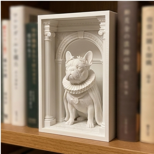 犬（フレンチブルドッグ）の3Dプリント ブックヌーク 白PLA 本棚