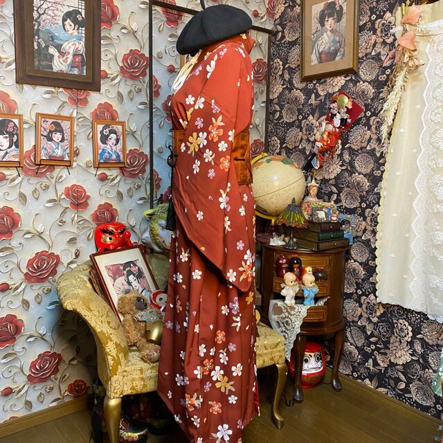 着物リメイク セミロング ワンピース ／ドレス／洗える化繊 帯 優しい