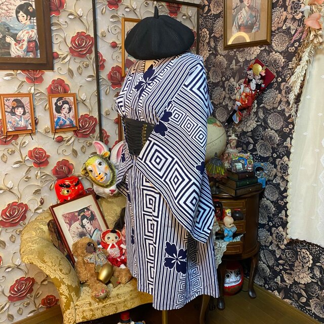 藍染浴衣リメイク ワンピース ドレス 和洋折衷 レトロ 古着