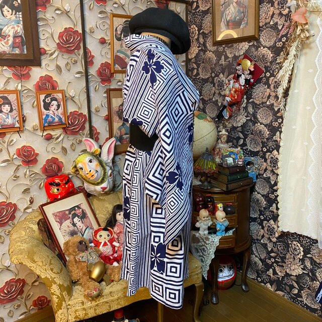 藍染浴衣リメイク ワンピース ドレス 和洋折衷 レトロ 古着