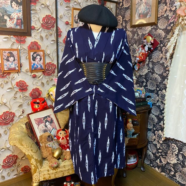 藍染浴衣リメイク ワンピース ドレス 和洋折衷 レトロ 古着