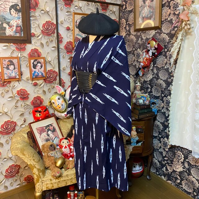 藍染浴衣リメイク ワンピース ドレス 和洋折衷 レトロ 古着