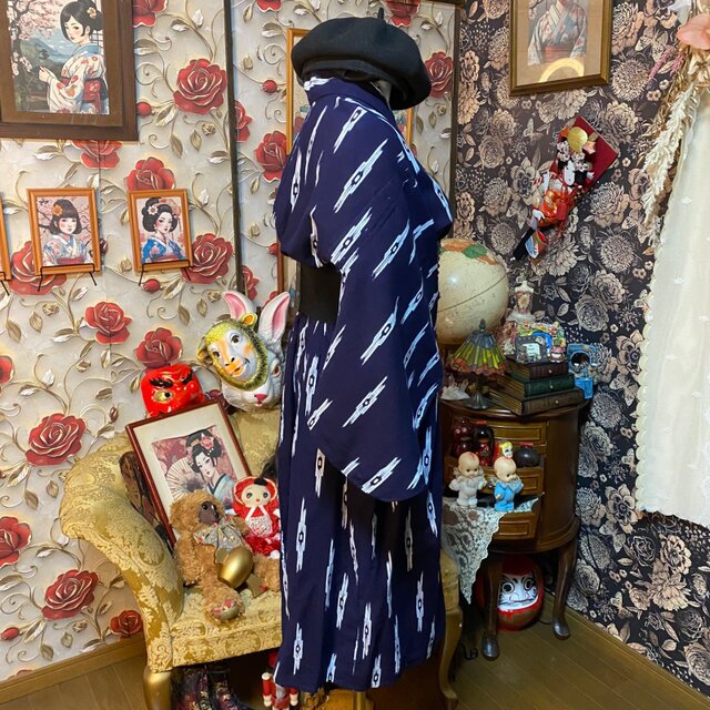 藍染浴衣リメイク ワンピース ドレス 和洋折衷 レトロ 古着