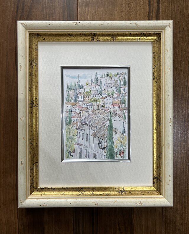 白い家並み(水彩画、原画、スペイン、グラナダ 、額つき) | iichi 日々
