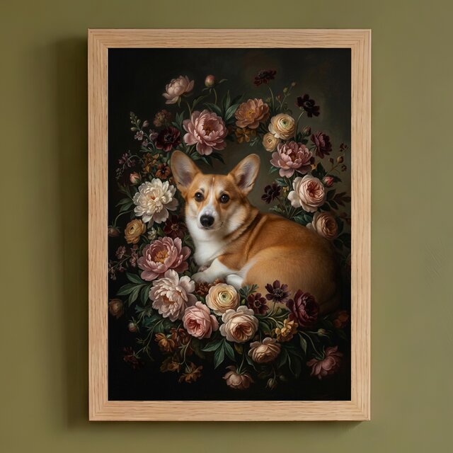 犬（コーギー）の花に囲まれた油絵風アート A4額装インテリア壁掛け