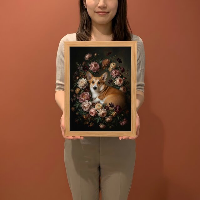 犬（コーギー）の花に囲まれた油絵風アート A4額装インテリア壁掛け