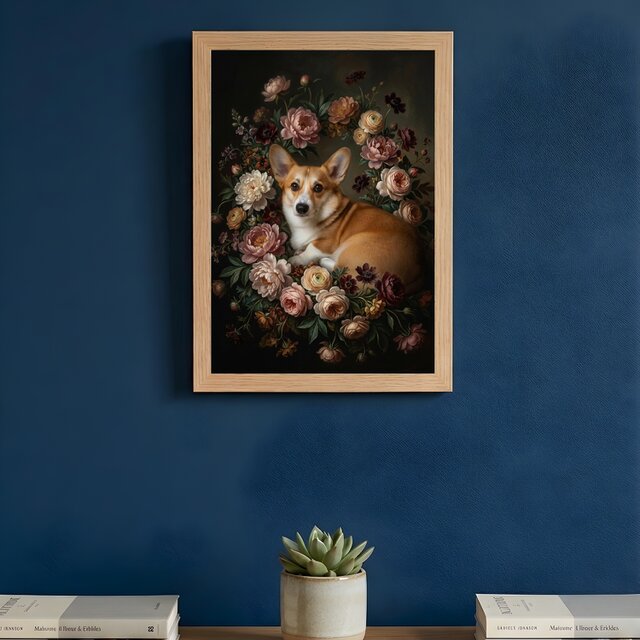 犬（コーギー）の花に囲まれた油絵風アート A4額装インテリア壁掛け
