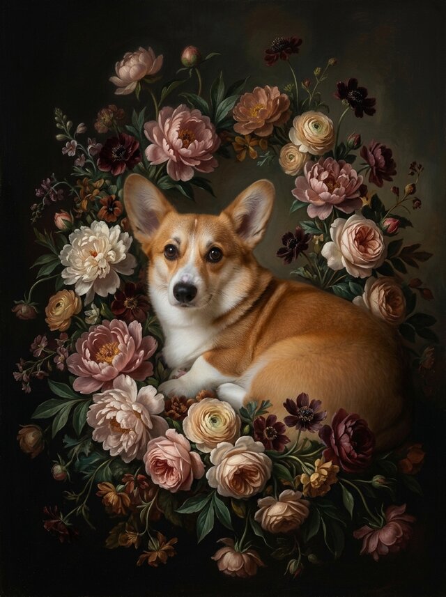 犬（コーギー）の花に囲まれた油絵風アート A4額装インテリア壁掛け