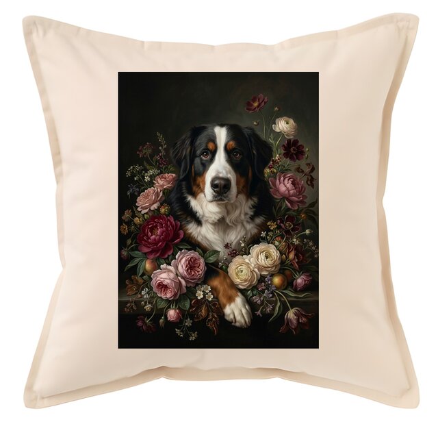 犬（バーニーズマウンテンドッグ）クッション 45cm 花の油絵風カラー