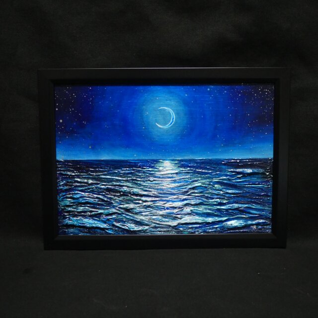 油絵/A4】真夏の夜の海と三日月（黒額縁付）/ 原画 油彩画 インテリア