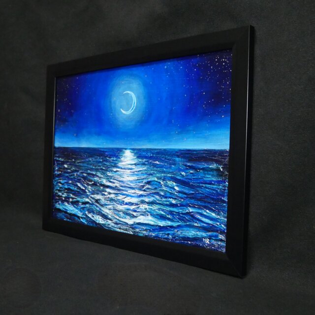 油絵/A4】真夏の夜の海と三日月（黒額縁付）/ 原画 油彩画 インテリア